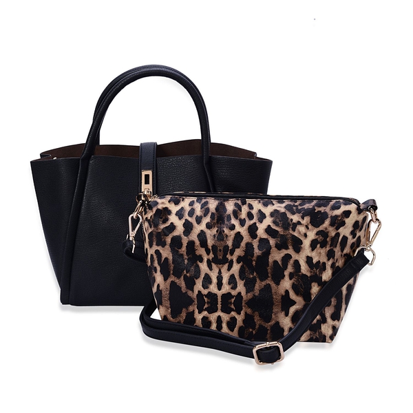 Set of 2 -Hadley Black Tote Bag and Leopard Pattern Crossbody Bag with Adjustable and Removable Shou