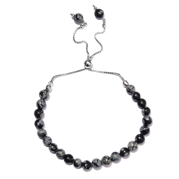 30.64 Ct Snow Flake Obsidian Beaded  Adjustable Bracelet in Platinum Plated Silver 10.5 Inch