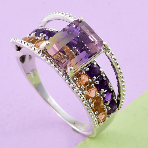 Anahi Ametrine (Oct 2.75 Ct), Citrine and Amethyst Ring in Platinum Overlay Sterling Silver 4.300 Ct.