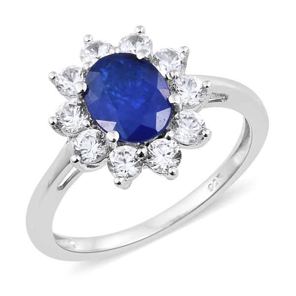 3.75 Ct Very Rare Blue Spinel and Natural White Cambodian Zircon Halo Ring in Platinum Plated Silver