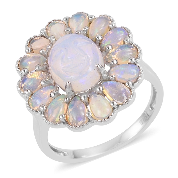 Smiling Face Carved Ethiopian Welo Opal (Ovl 1.50 Ct) Ring in Rhodium Plated Sterling Silver 3.400 C