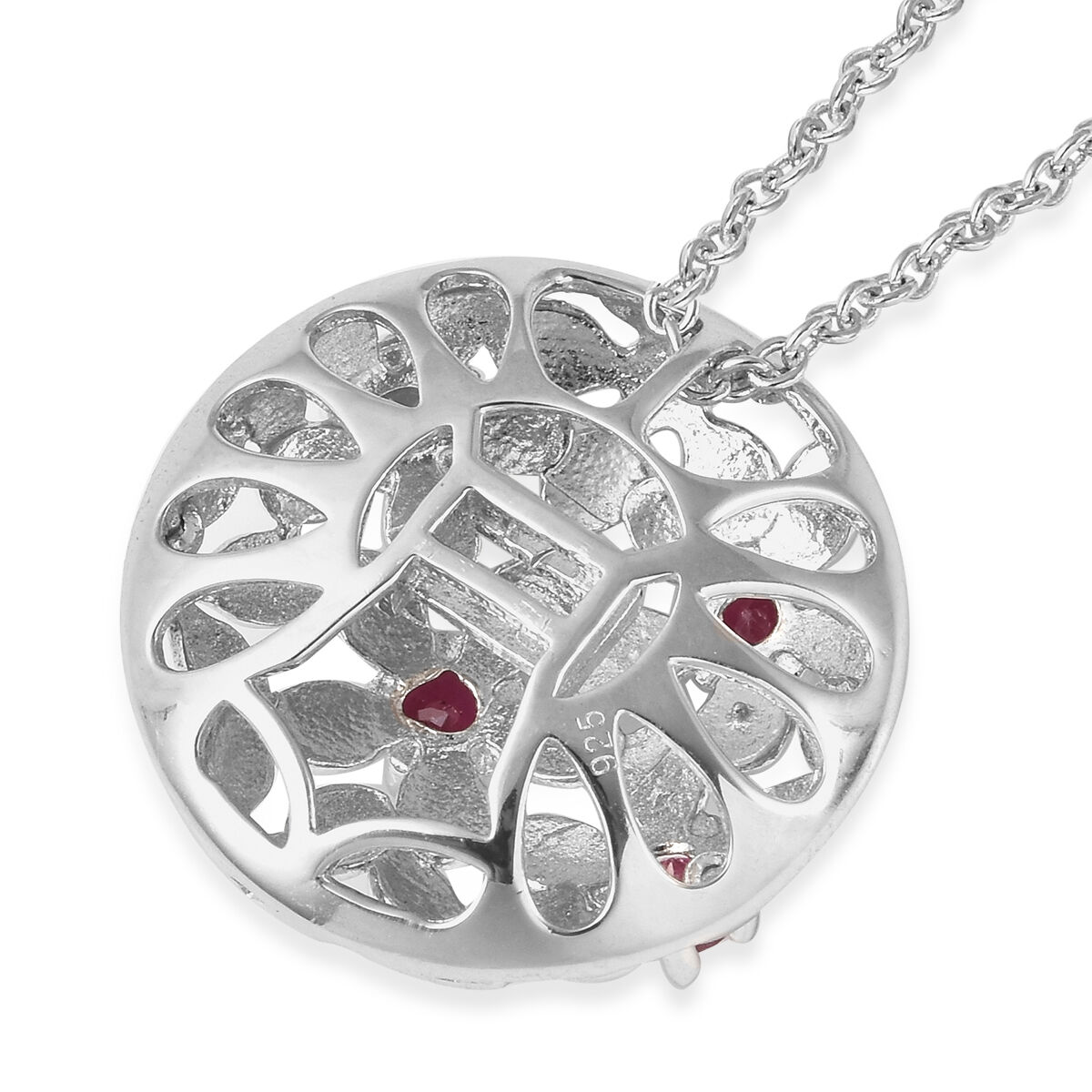 LucyQ Filigree Collection - African Ruby (FF) Interchangeable Poison Ring/Locket with Chain (Size 22) in Rhodium Overlay Sterling Silver, Silver Wt 8.72 Gms