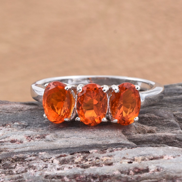 AA Jalisco Fire Opal (Ovl) Trilogy Ring in Platinum Overlay Sterling Silver 1.500 Ct.