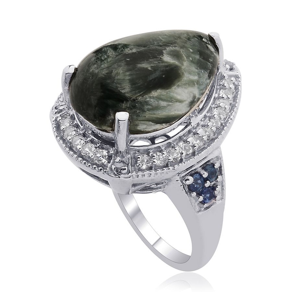 Siberian Seraphinite (Pear 8.00 Ct), Kanchanaburi Blue Sapphire, White Topaz and Diamond Ring in Platinum Overlay Sterling Silver 8.750 Ct. Silver wt 6.35 Gms.