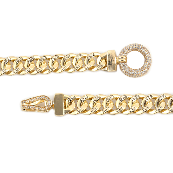 Italian Close Out-9K Yellow Gold Simulated White Diamond Curb Link Bracelet (Size - 7.5), Gold Wt 10.00 Gms.