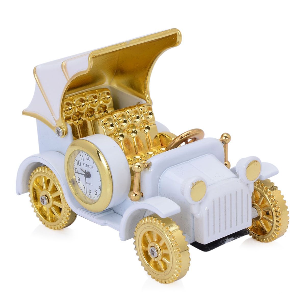 STRADA Japanese Movement White Dial Decorative British Car Table Clock in Gold Tone