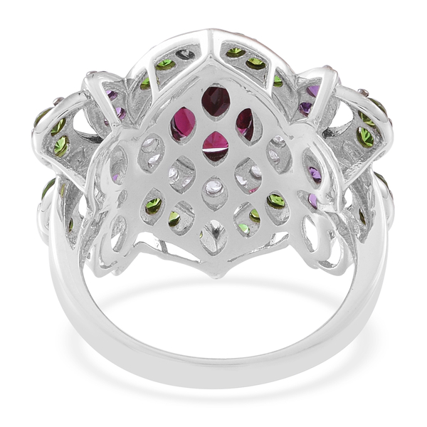 Designer Inspired-Rhodolite Garnet (Ovl 2.25 Ct), Chrome Diopside, Amethyst and Natural White Cambodian Zircon Ring in Rhodium Plated Sterling Silver 4.500 Ct.