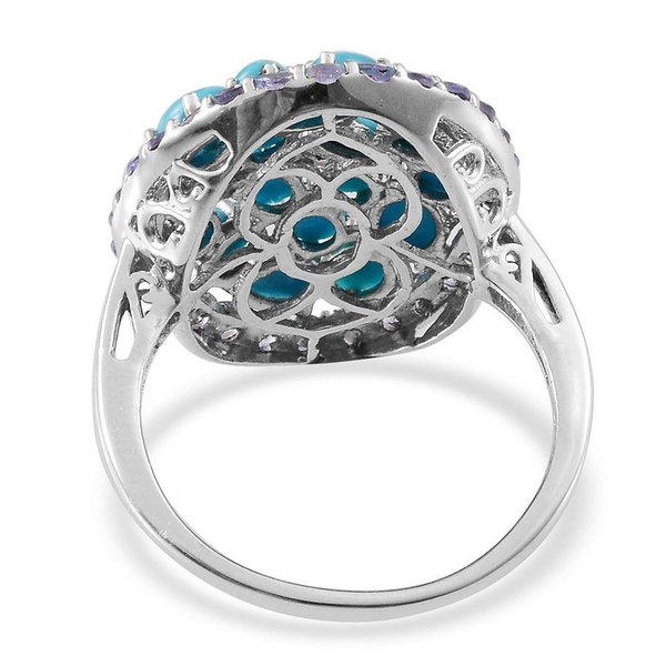 Arizona Sleeping Beauty Turquoise (Ovl), Tanzanite and Diamond Cluster Ring in Platinum Overlay Sterling Silver 4.760 Ct.