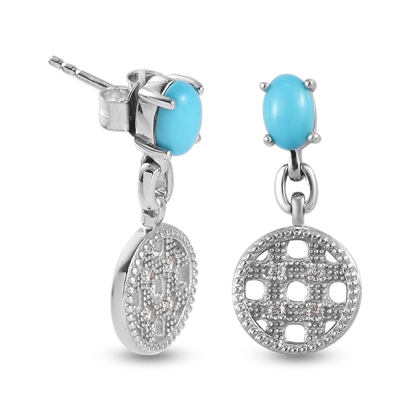 Arizona Sleeping Beauty Turquoise and Natural Cambodian Zircon Dangling Earrings (with Push Back) in Platinum Overlay Sterling Silver 1.000 Ct.