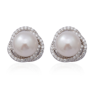 White Freshwater Pearl and Simulated Diamond Earrings (with Push Back) in Rhodium Overlay Sterling S