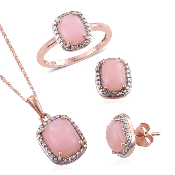 Natural Peruvian Pink Opal (Cush) Solitaire Ring, Pendant With Chain and Stud Earrings (with Push Ba