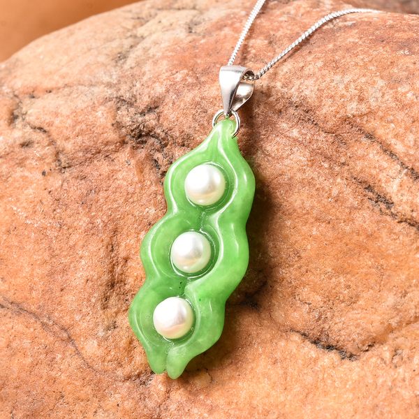 Green Jade and Freshwater Pearl Pendant with Chain (Size 18) in Rhodium Overlay Sterling Silver 18.75 Ct.