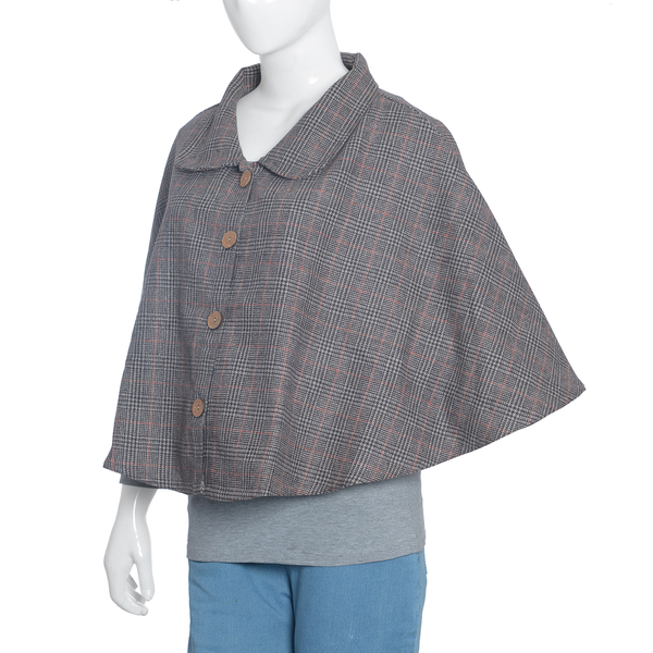 Woolen Brown Check Cape with  Peter Pen Collar and Wooden Buttons - One Size