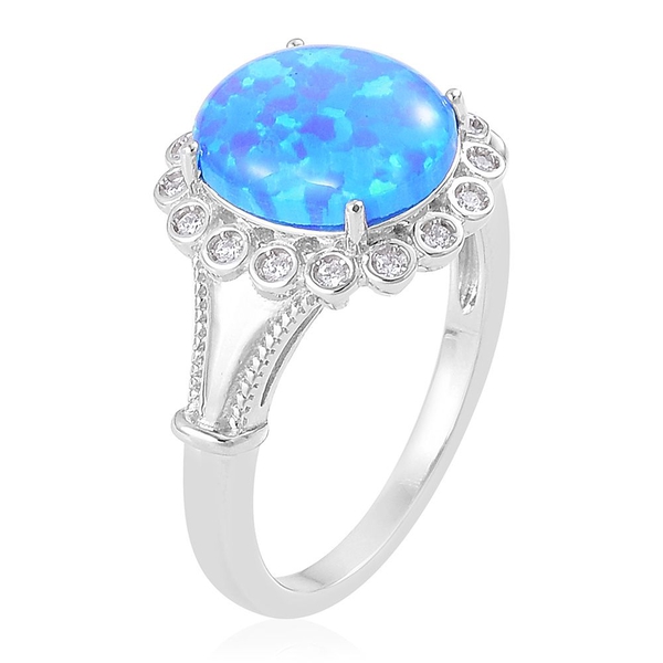 New Concept - AAAA Simulated Ocean Blue Opal and Simulated White Diamond Ring in Rhodium Plated Sterling Silver