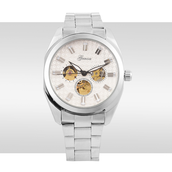 GENOA Automatic Skeleton White Dial Watch in Silver Tone with Stainless Steel and Glass Back