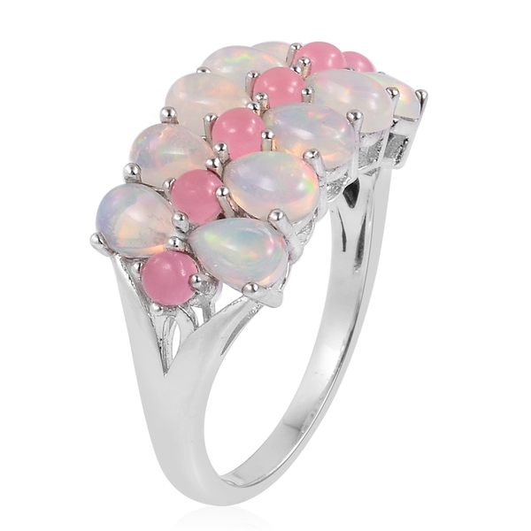 Ethiopian Welo Opal (Pear), Pink Jade Ring in Rhodium Plated Sterling Silver 4.250 Ct.