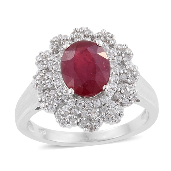 African Ruby (Ovl 4.00 Ct), Natural Cambodian Zircon Floral Ring in Platinum Overlay Sterling Silver