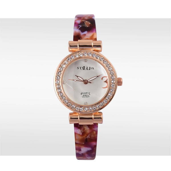 STRADA Japanese Movement White Austrian Crystal Studded White Dial Watch in Rose Gold Tone with Stainless Steel Back and Multi Colour Strap
