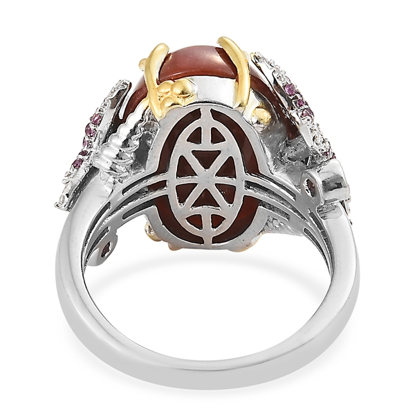 Red Jade (Ovl), Rhodolite Garnet and Natural Cambodian Zircon Ring in Platinum and Yellow Gold Overlay Sterling Silver 15.000 Ct. Silver wt 6.50 Gms. Number of Gemstone 121