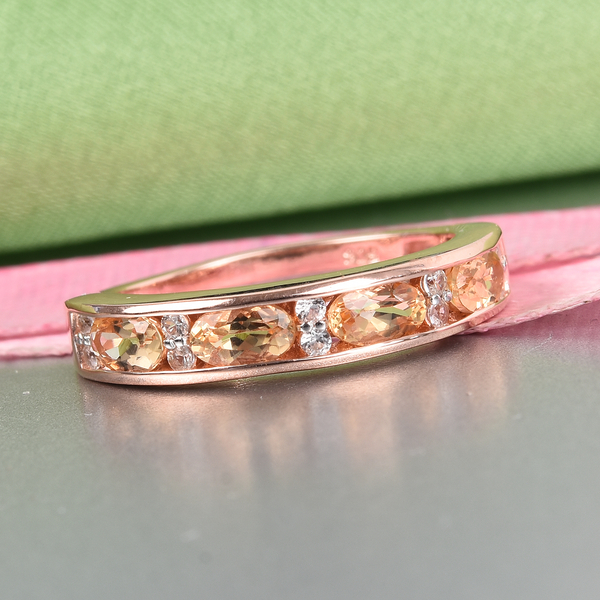 Golden Precious Imperial Topaz and Natural Cambodian Zircon Half Eternity Band Ring in Rose Gold Overlay Sterling Silver 1.25 Ct.