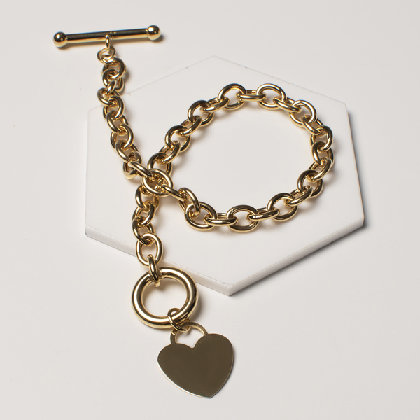 JCK Vegas Close Out- 9K Yellow Gold Belcher Bracelet with Heart Charm and T Bar Clasp (Size 8), Gold