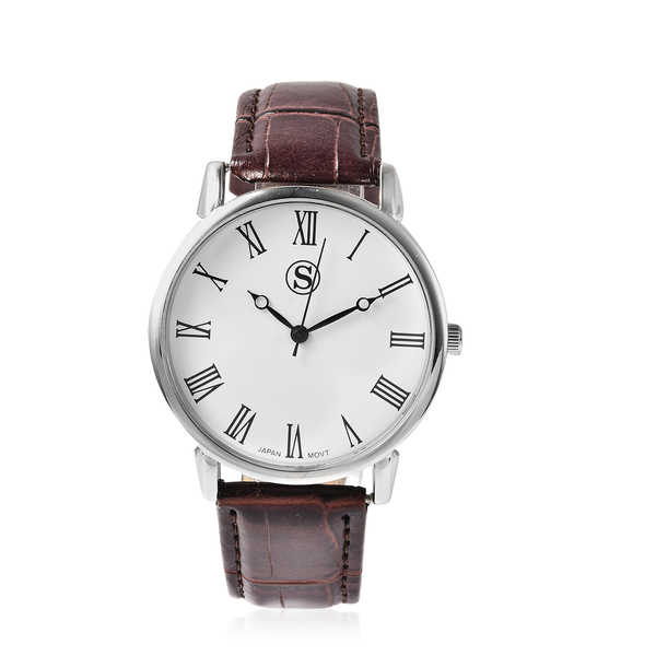 Personalised Engravable STRADA Japanese Movement Watch with Silver Tone and Brown Strap