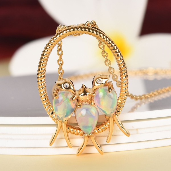 Ethiopian Welo Opal (Pear), Natural Cambodian Zircon Birds and Circle Pendant With Chain in 14K Gold Overlay Sterling Silver 1.500 Ct, Silver wt 7.00 Gms.