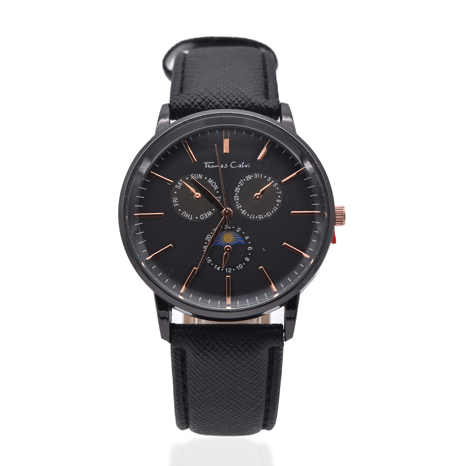 Thomas Calvi Black Faux Multi Dial Watch in Black Tone with Black Strap