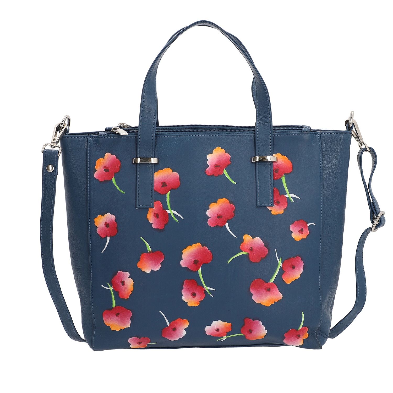 SUKRITI 100% Genuine Leather Poppy Tote Bag with Adjustable Shoulder Strap (Size 28x8x28cm) - Blue