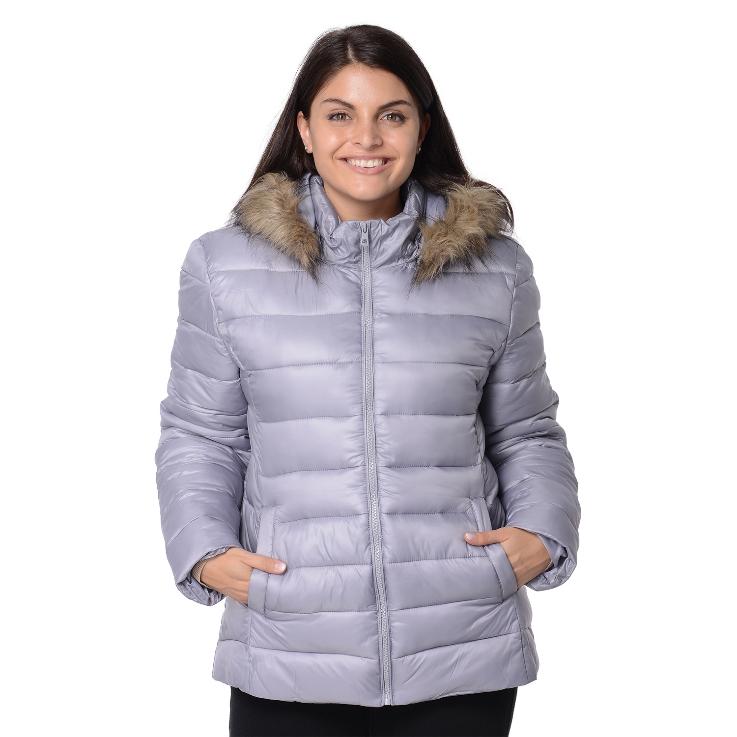 Women Puffer Jacket with Faux Fur Trim Hood and Two Pockets (Size XXL) - Silver Grey