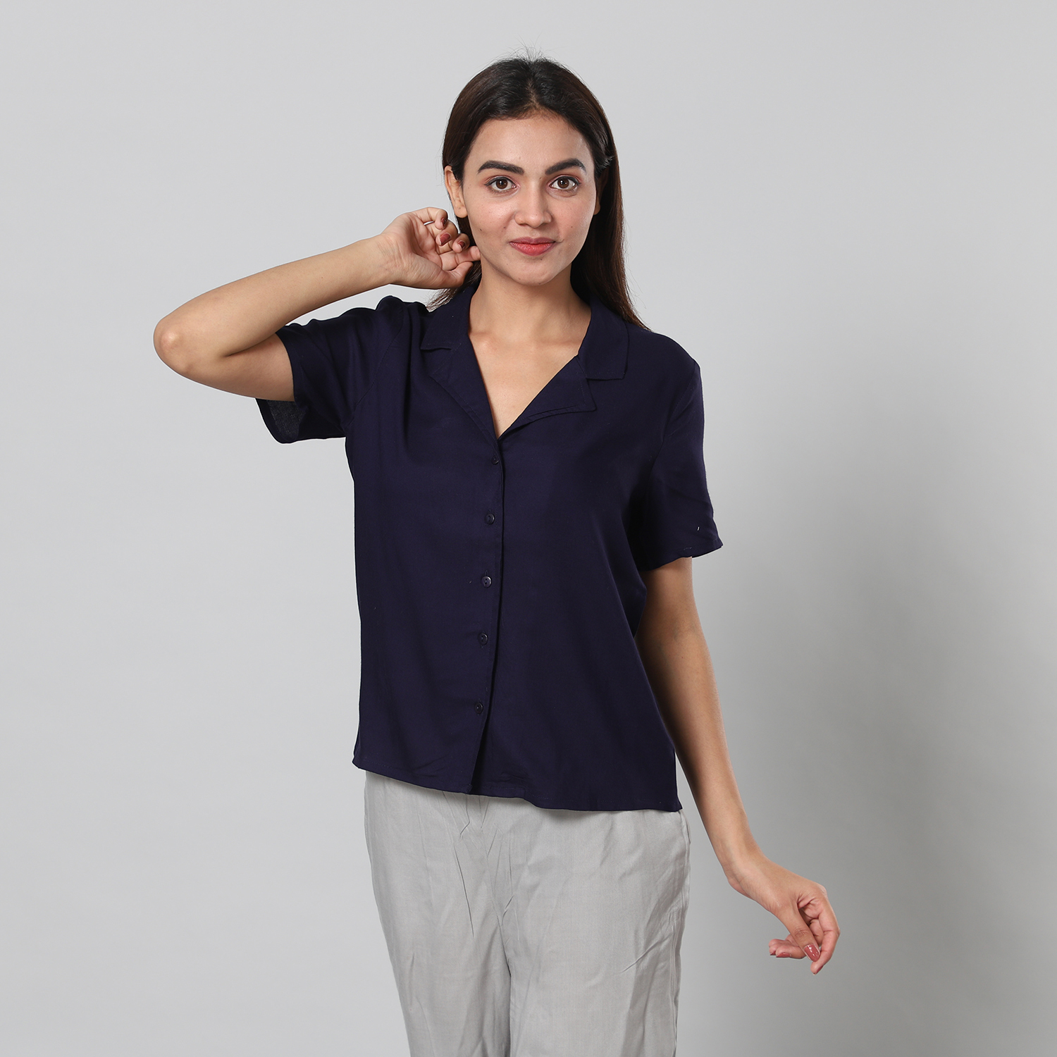 JOVIE 100% Viscose Top with Collar and Button Closure (Size:L, 61x101Cm) - Navy