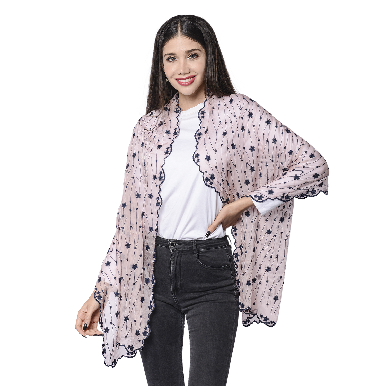 LA MAREY 100% Mulberry Silk Flower Vine Embroidery Pattern Scarf in Pink (180x58cm)