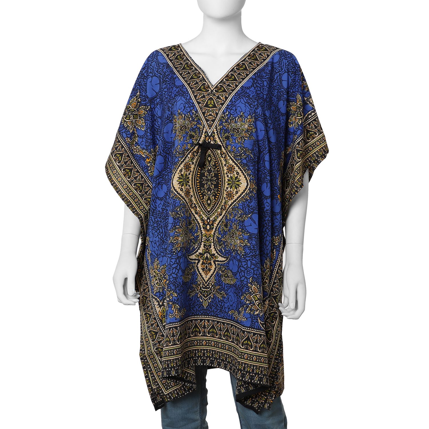 Royal Blue Colour Tribal Printed V- neck Kaftan (One Size; 91.44x104.14 Cm)