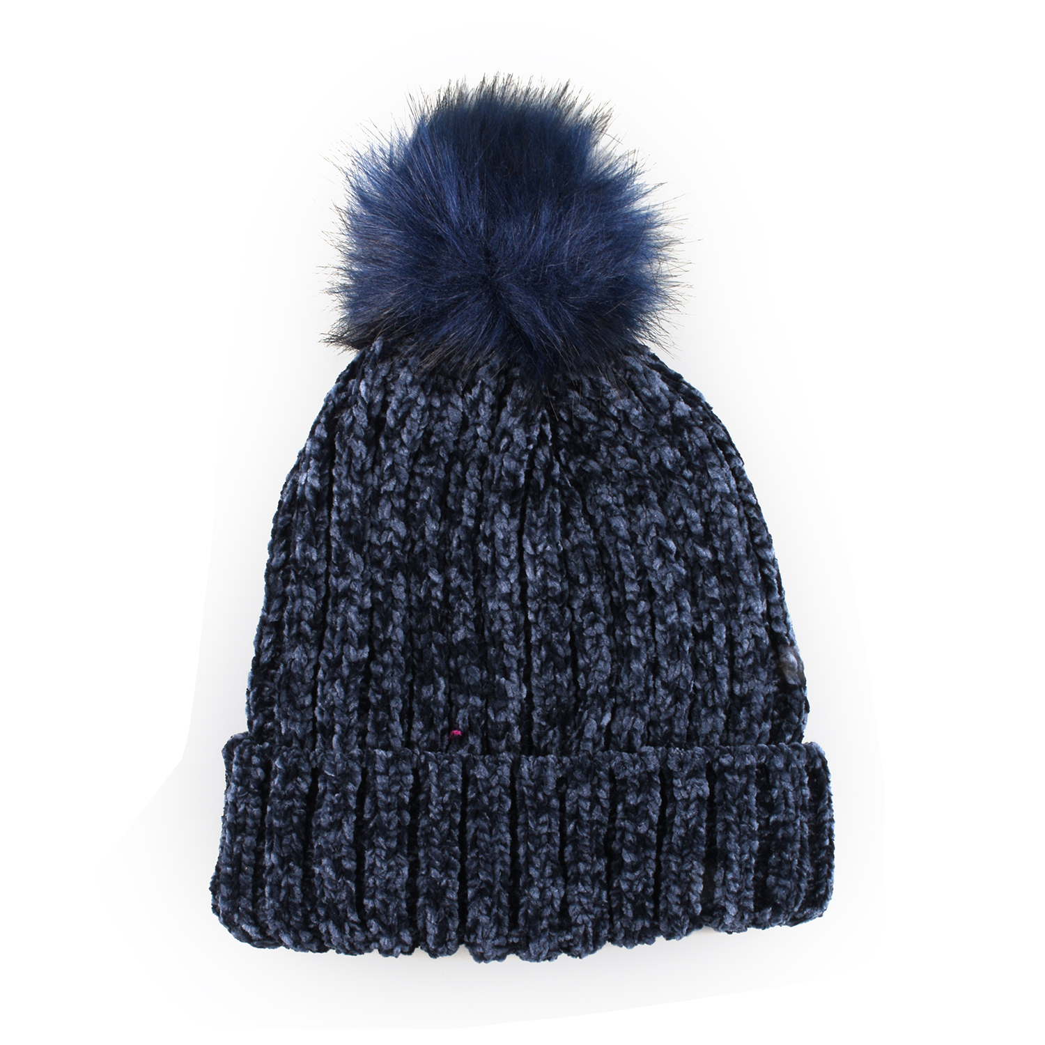 Chenille Cable Ladies Bobble Knit Hat - Navy
