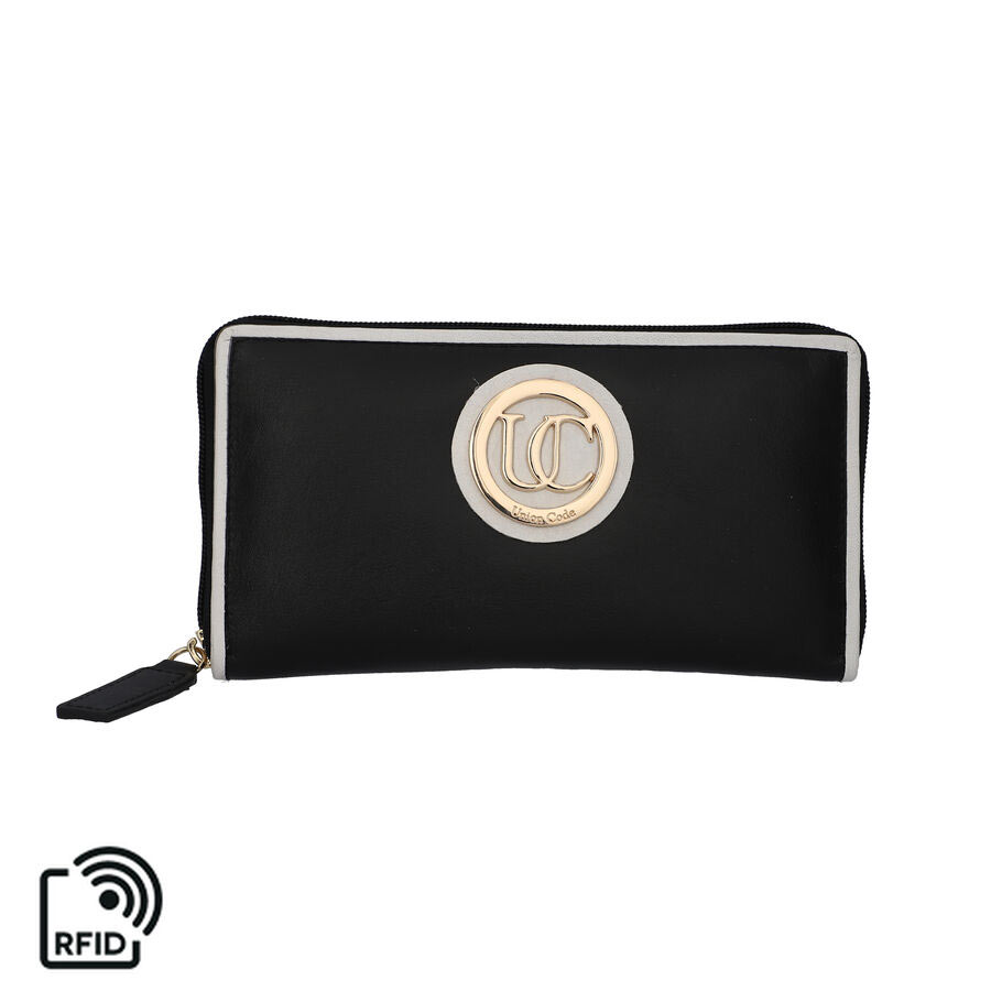 100% Genuine Leather RFID Black Wallet with White Piping and Zipper Closure