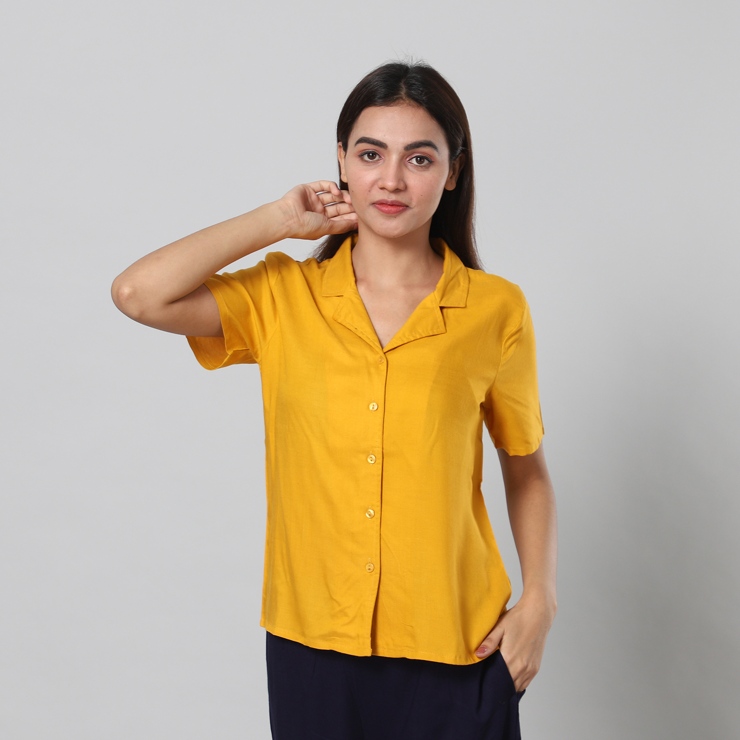 JOVIE 100% Viscose Top with Collar and Button Closure (Size:L, 61x101Cm) - Yellow