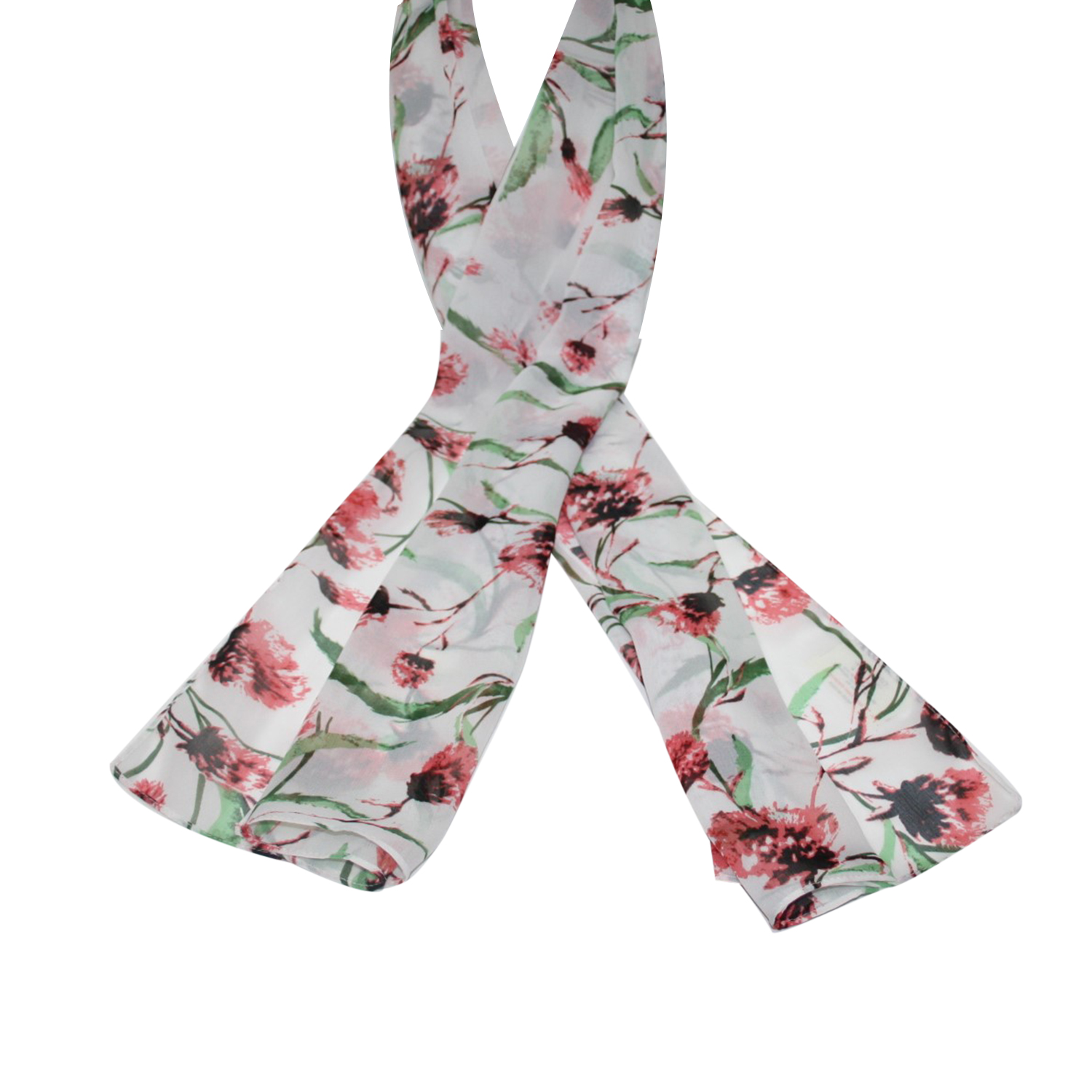 SUGARCRISP Chiffon White and Coral Floral Printed Scarf (152x45cm)