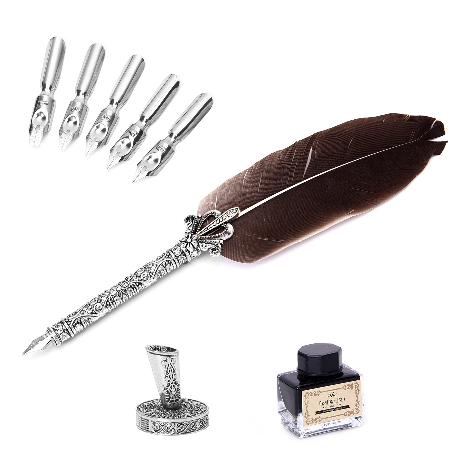 Set of Brown Feather Pen with Pen Stand, Black Ink (15ml) and 6-Different Nip Shapes in Silver Tone