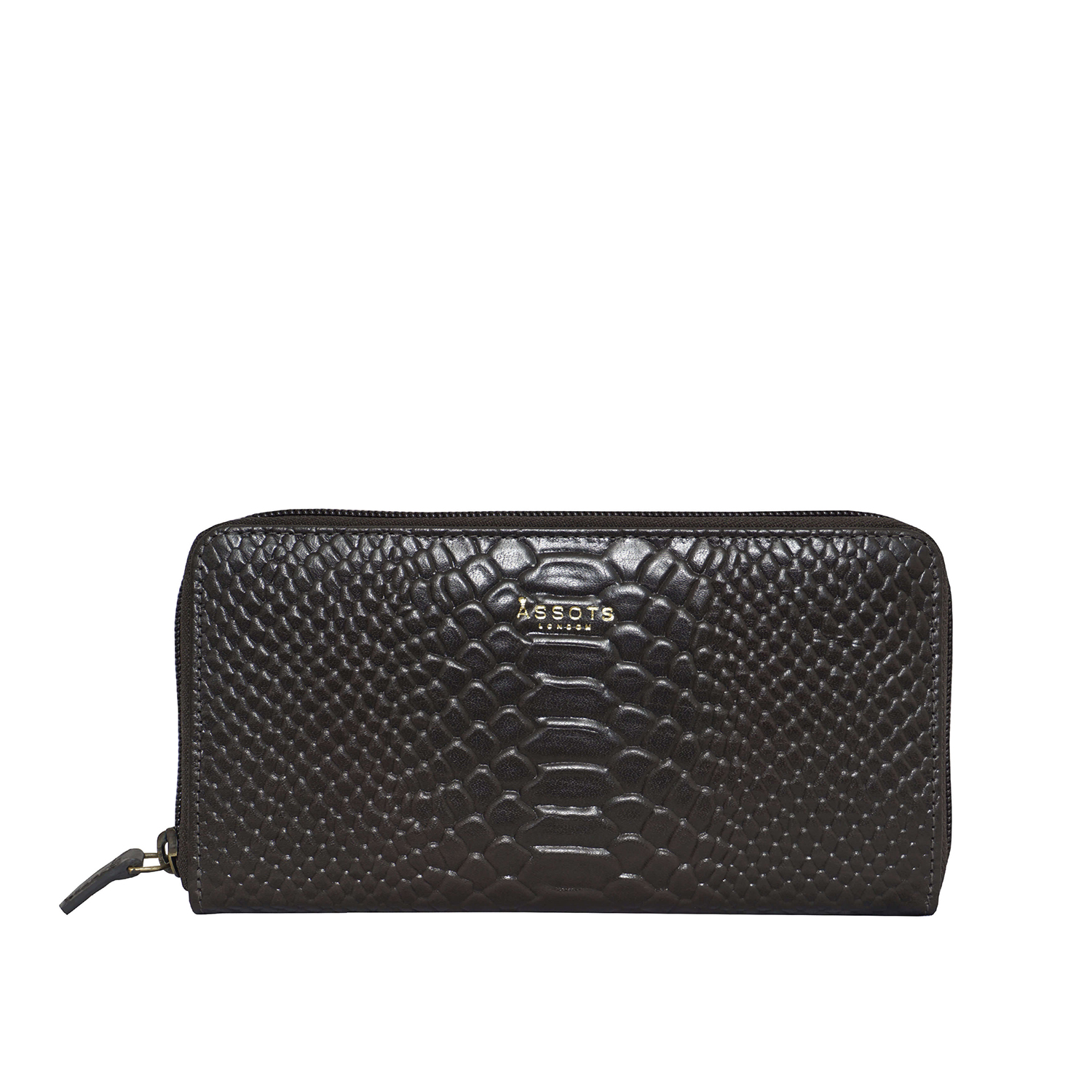 Assots London HAZEL Python Embossed Genuine Leather RFID Zip Around Purse (Size 20x2x10 Cm) - Black