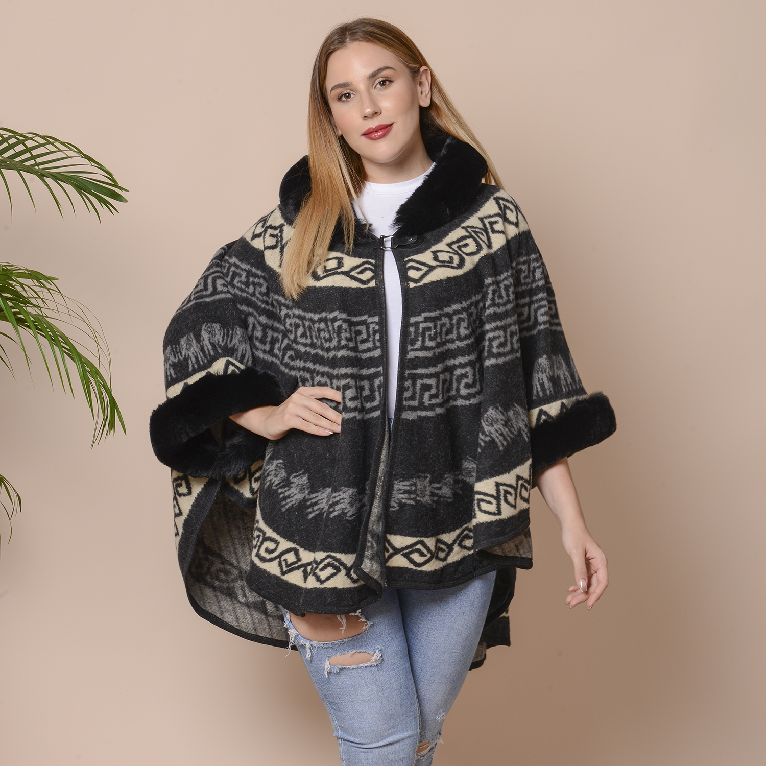 Black and Cream Colour Half Round Shape Hat Cape with Faux Fur (Size 109.22 x 80.01 Cm)