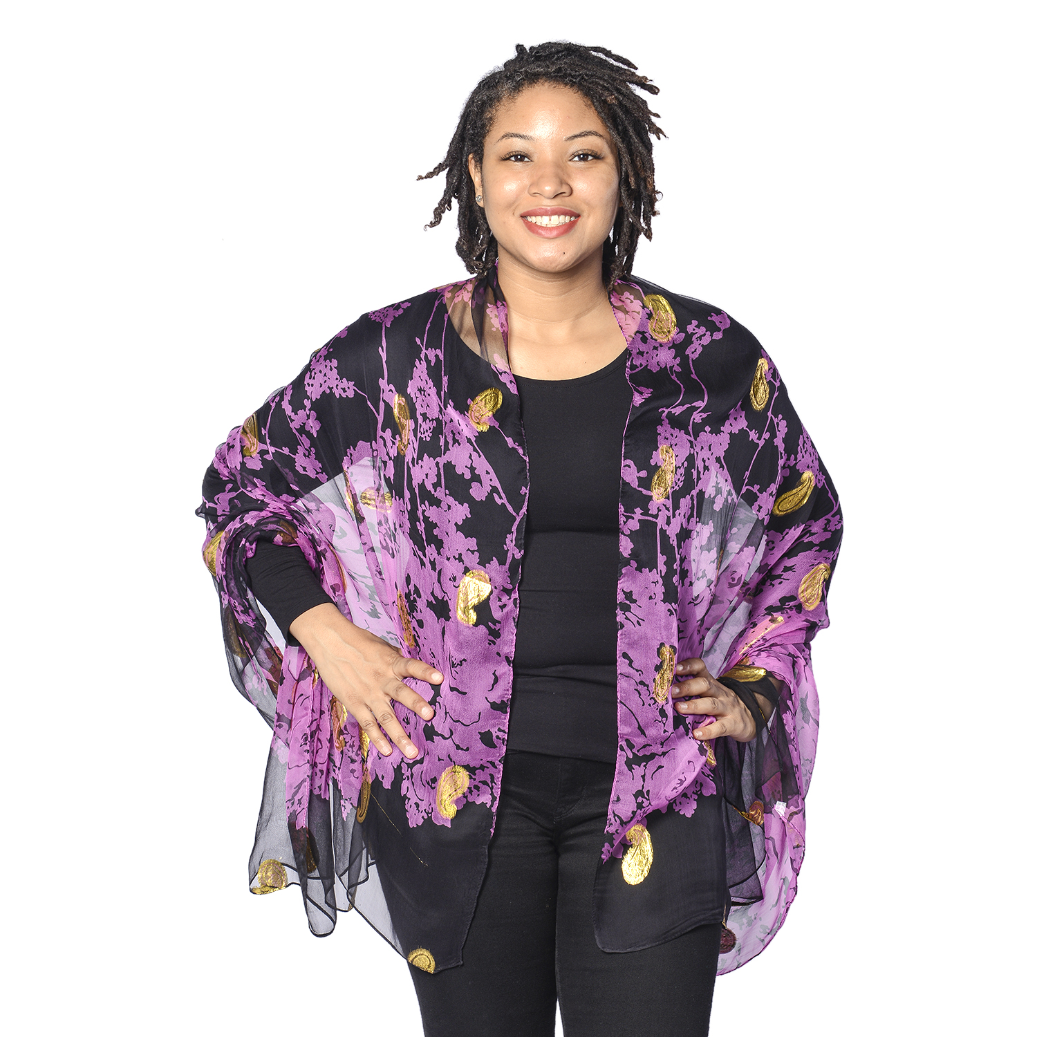 Close Out Deal- LA MAREY 100% Mulberry Silk Black nd Purple Scarf with Golden Embroidery(180x110cm)