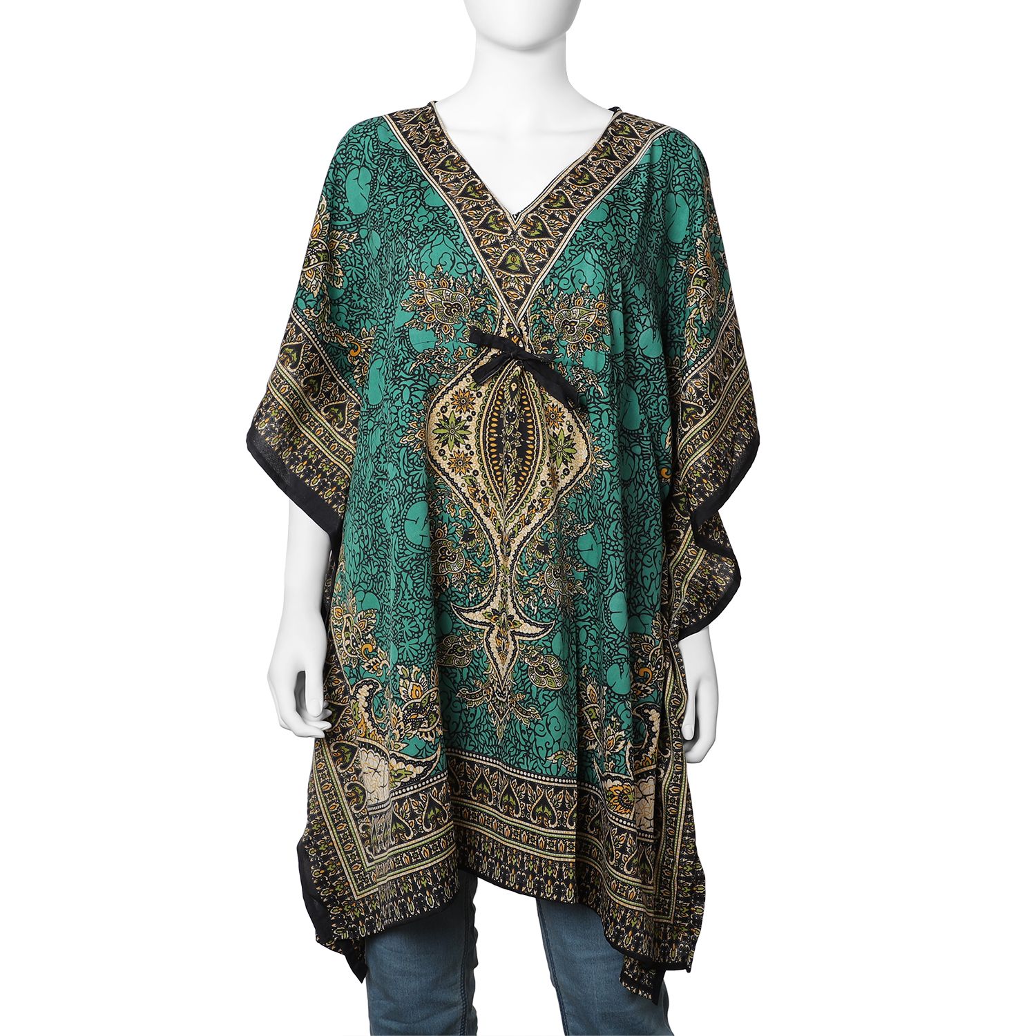 Teal Green Colour Tribal Printed V- neck Kaftan (One Size; 91.44x104.14 Cm)