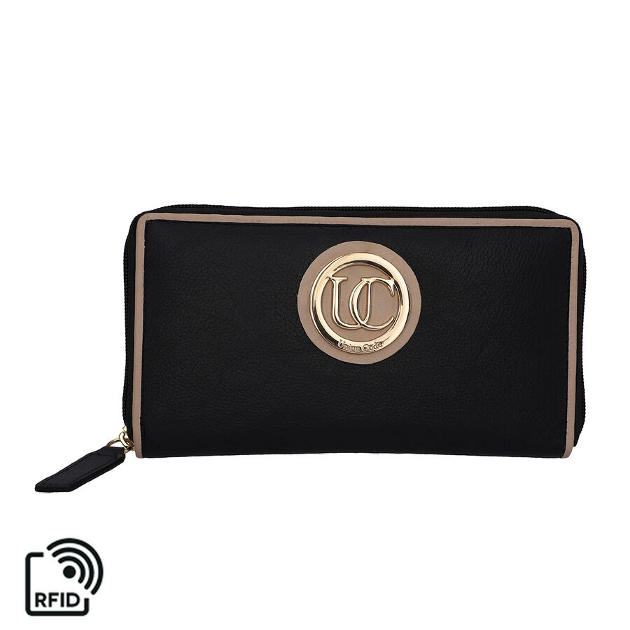 100% Genuine Leather RFID Navy Wallet with Soft Beige Piping and Zipper Closure