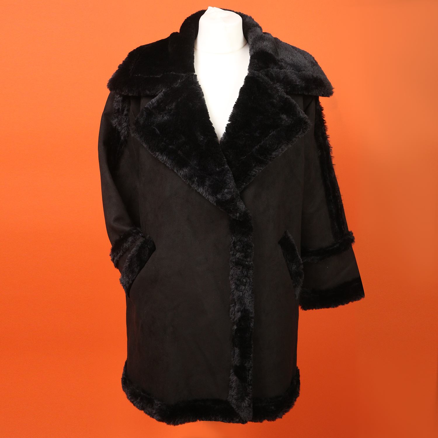 Urban Mist Faux Fur Suede Shearling Soft Fleece Lined Collar Coat with Pockets - Beige