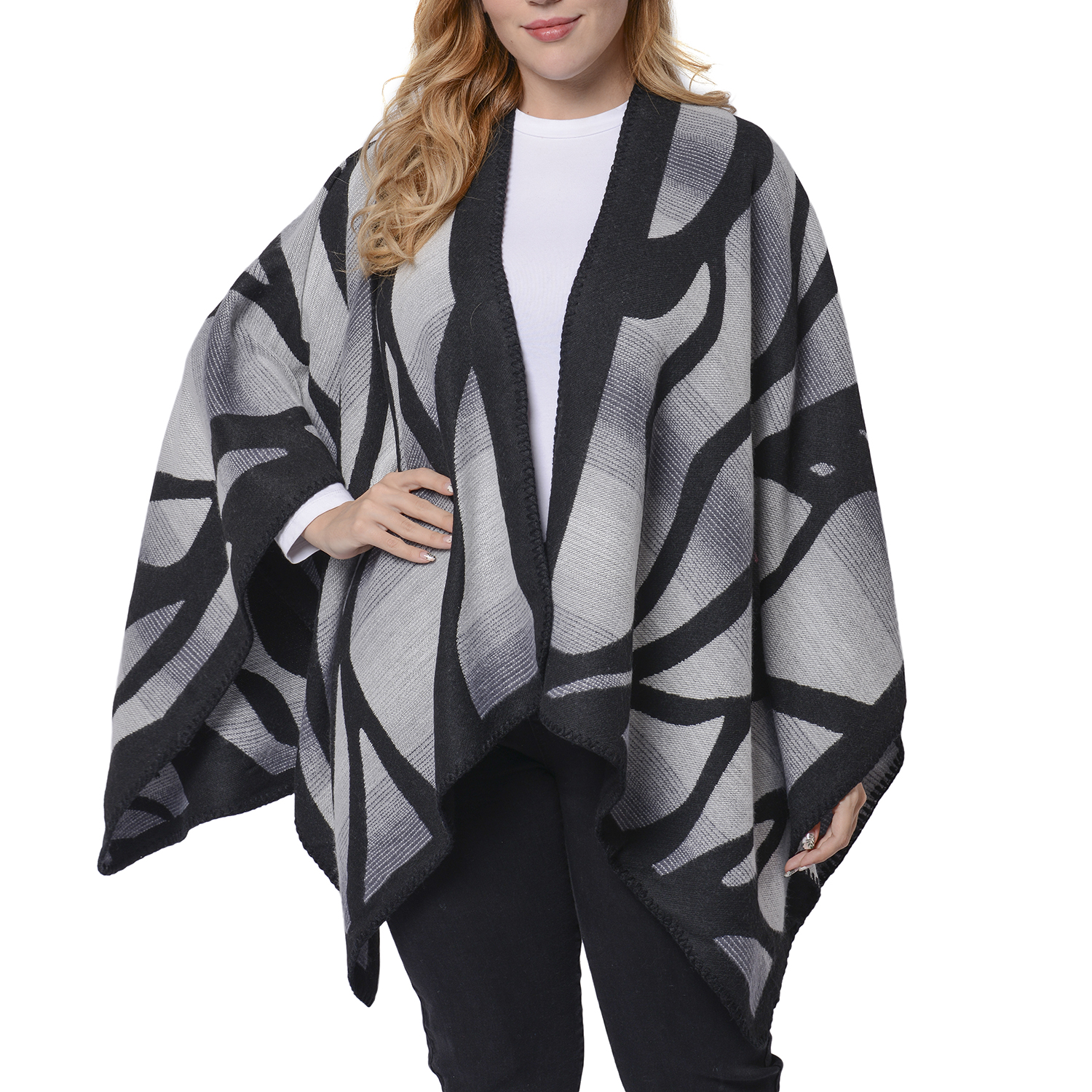 Black and Grey Colour Raised Grain Pattern Blanket Kimono (Size 133x70 Cm)