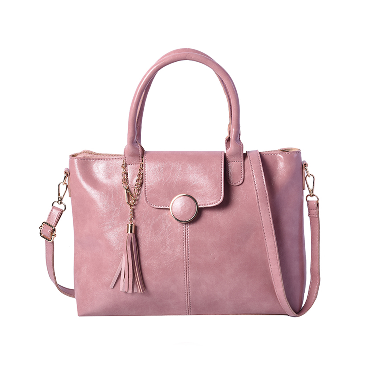 Solid Pink Tote Bag (35x12x26cm) with Adjustable Shoulder Strap and Tassel