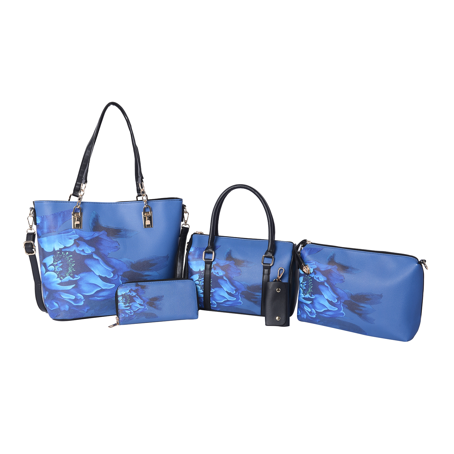 Set of 5 - Floral Pattern Tote Bag (29x12.5x30cm), Convertible Bag (27.5x13x19cm), Crossbody Bag (12.5x9x22cm), Wallet (19x2x10cm) & key Bag (6x10cm) - Navy Blue and Black