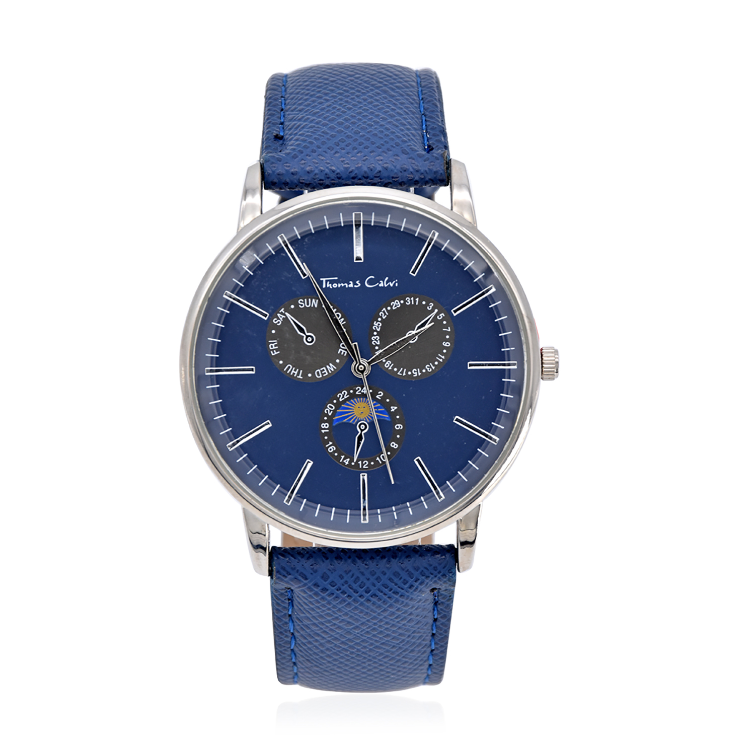 Thomas Calvi Blue Faux Multi Dial Watch in Silver Tone with Blue Strap