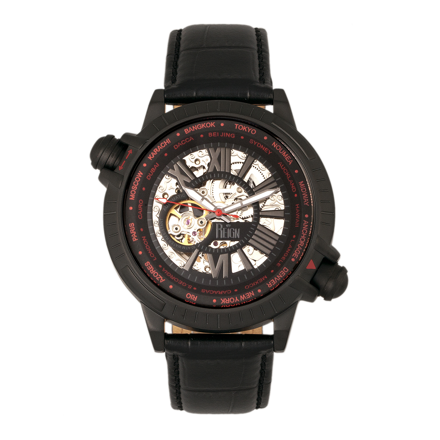 Reign Thanos Automatic Movement Skeleton Dial Water Resistant Watch with Stainless Steel Case and Genuine Leather Strap - Black & Red