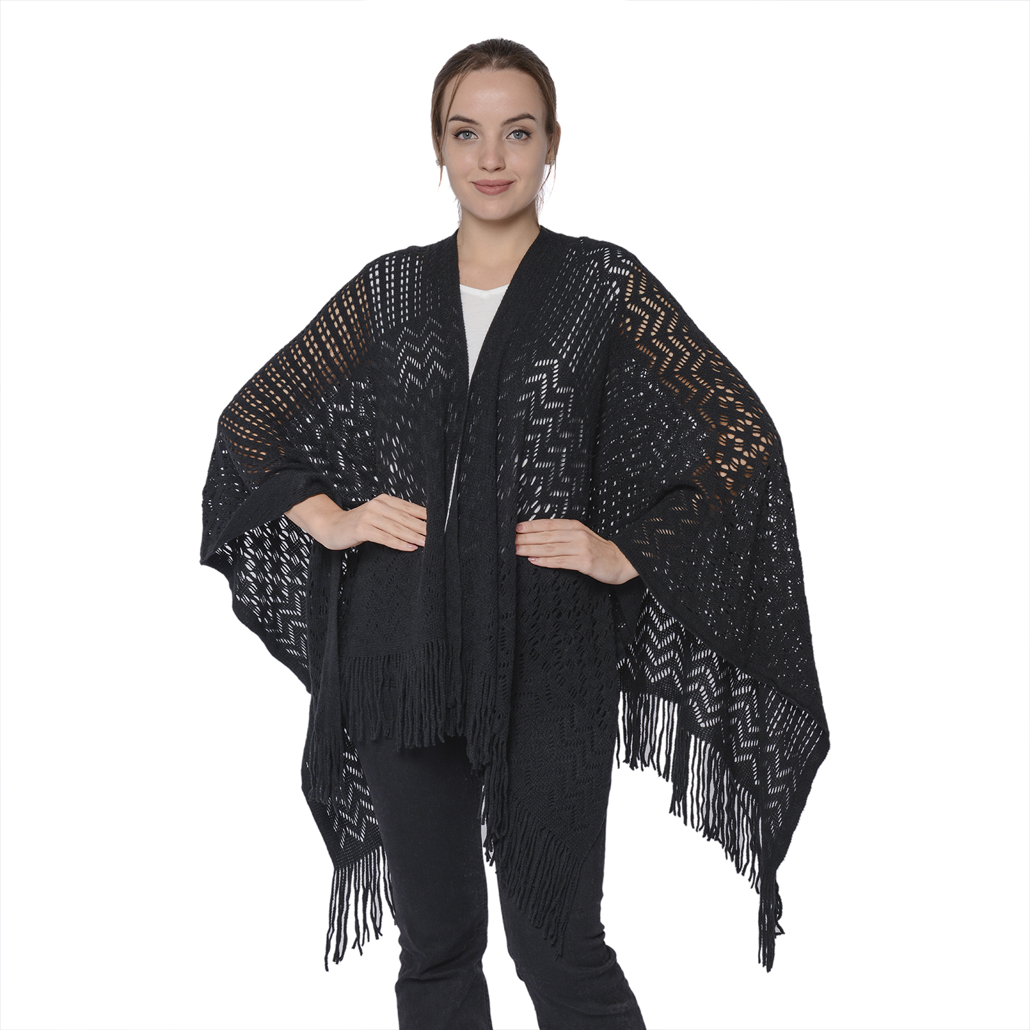 Hollow Out Knit Kimono with Tassels (60x125+10cm) - Black